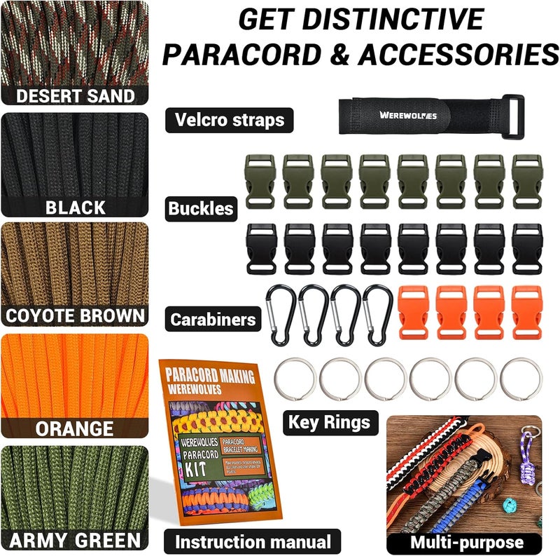 WEREWOLVES 550 Paracord Kits 100ft Each Color - 5 Colors Parachute Cord Combo 7 Strand Type III Parachute Cord 4mm for Crafting, Dog Collar, Survival Bracelets - Image 2